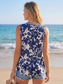 Sylviya Camisa Primavera Sin Mangas Con Cuello En V Y Diseño Floral En Azul Sobre Base Blanca Para Mujer - Blanco y Negro - Ver 2