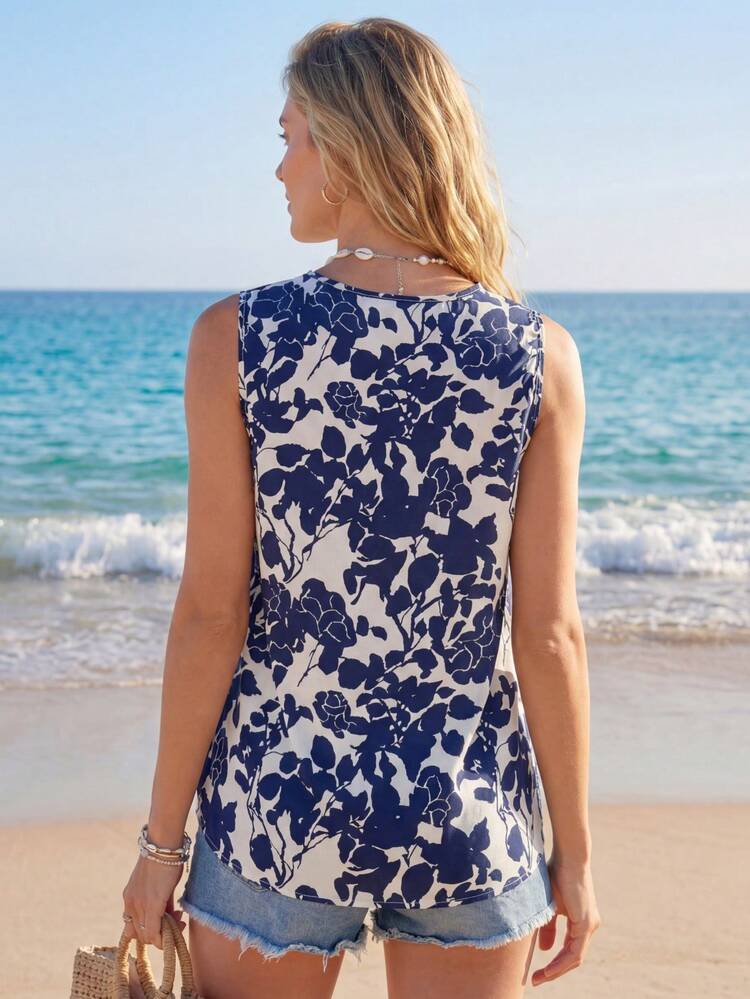 Ladies' White Base With Blue Floral Print Sleeveless V-Neck Spring Shirt,Vacation