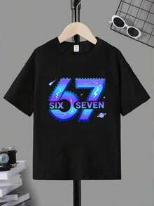 SHEIN 两件/套 男童休闲创意图案T恤，图案包括数字、卡通、闪电、机器人、手、足球、时尚眼镜、条纹、字母印花，舒适日常穿着，适合春、夏、秋季穿着。 - 彩色 - 查看 4