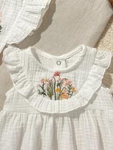 Loomiva Newborn Baby Girl Floral Print Square Neck Ruffle Trim Waist Dress,Kids - Multicolor - View 8