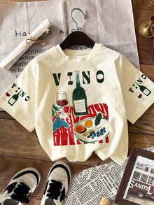 DrmWander 女士T恤，休闲街头风印花短袖T恤，可爱夏季上衣 - 杏色 - 查看 3