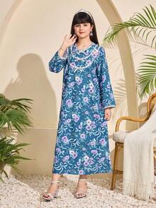 SHEIN Tween Girls' Elegant & Cute Bowknot Floral Print Middle Eastern Arabic Traditional Festival Dress - Green - View 6