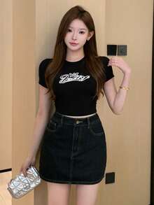 DAZY 女士宽松复古水洗韩版休闲牛仔裙 - 黑色 - 查看 5