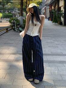 DAZY Quần ống rộng kẻ sọc tương phản, cạp chun, kiểu dáng thoải mái, thích hợp cho nữ, mùa xuân/hè. - Màu xanh lam - Xem 8