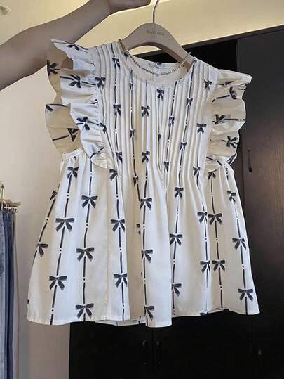 SHEIN Tween Girl Elegant Formal Beige & White Bow Printed Cap Sleeve Round Neck Loose Blouse Shirt, Summer Vacation, Casual Daily Wear, Formal Blouse