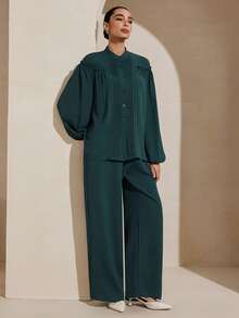 Graceveil 两件套：优雅橄榄绿荷叶边衬衫+裤子，时尚设计 - 墨綠色 - 查看 4