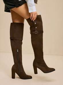 Daringsoles Giày bốt cao đến đầu gối đế dày, đa năng, phù hợp cho nữ, thích hợp đi làm. - Nâu rỉ sét - Xem 5