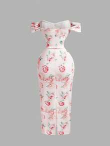 SHEIN MOD 女士粉色碎花露肩修身连衣裙 - 粉色 - 查看 6