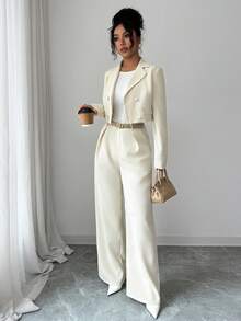 SHEIN PETITE Elegant Casual Fashion Office Commute Back To School Beach Vacation Two Pieces Set: Square Neck Short Jacket, Loose Straight Leg Pants, Solid Woven, Autumn/Winter - Apricot - View 3