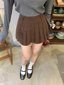 DAZY Gonna corta plissettata di colore unito, stile coreano, autunno/inverno - Castano - Visualizzare 2