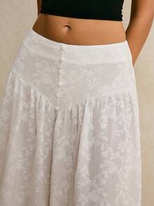 Poéselle 法式针织提花半身裙，白色蕾丝长裙，高腰飘逸波西米亚风半身裙，纽扣细节设计，优雅夏季 - 白色 - 查看 6