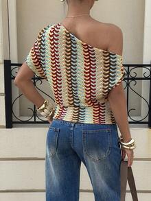 Siren Gaze 女士不对称领蝙蝠袖收腰印花衬衫，时尚夏季度假风 - 彩色 - 查看 3