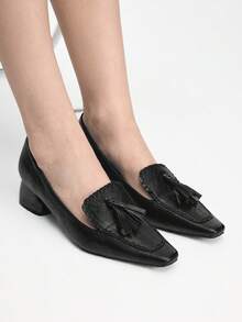 Mnmlis Women's Fashion Fringed Flower Spike Small Square Toe Thick Heel High Heel Shoes - Black - View 12