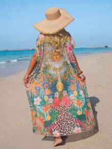 Swim Lushoire Women's New Printed Mesh V-Neck Long Beach Cover-Up Cover Up, Spring/Summer - Multicolor - View 2