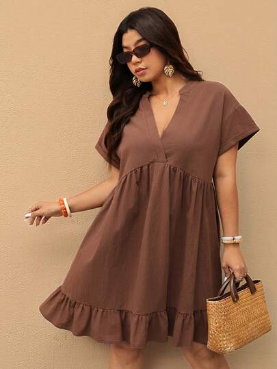 Elaquor Plus Size Women's Casual Solid Color Short Dress, Summer
