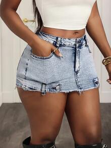 Slaydiva Minissaia jeans justa e sexy com bolsos frontais para mulheres plus size - Lavagem leve - Ver 2