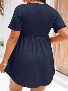 EMERY ROSE Plus Size Women's Casual Vacation & Commute Solid Color Schiffy Babydoll Tee, Summer - Navy Blue - View 2