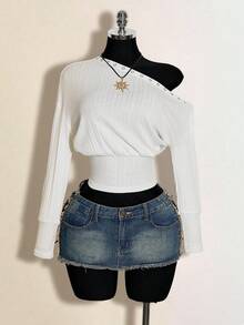 SHEIN ICON Women's Casual Oblique Shoulder Collar Eyelet Decor Faux Fur Sweater Top - White - View 3