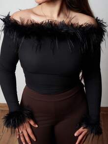 Lupita Cardoza Women's Elegant Off-Shoulder Fluffy Splice Fitted Long Sleeve T-Shirt, Autumn - Black - View 4
