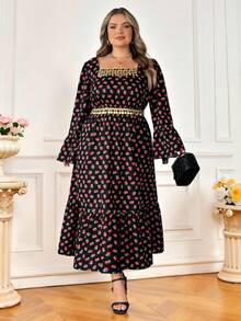 SHEIN CURVE+ 加大码/情人节/大码女式碎花长袖连衣裙 - 彩色 - 查看 4