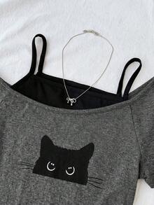 少女Y2K休闲简约黑白波点印花褶皱系带露脐上衣 - 彩色 - 查看 6