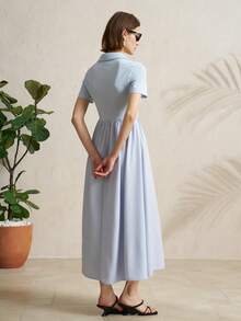 Airaco 女士休闲纯色短袖连衣裙，夏季 - 灰藍色 - 查看 2