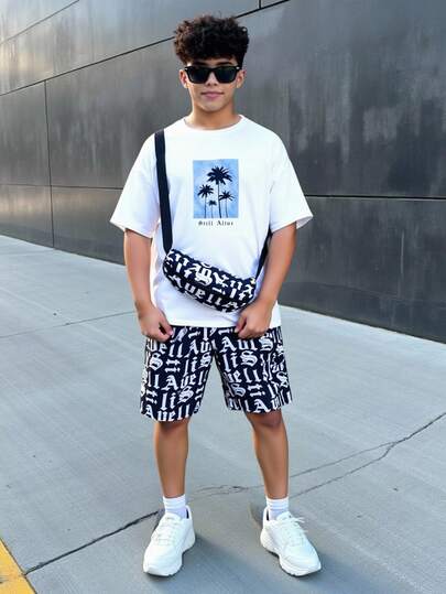 2 piezas Conjunto de camiseta de manga corta con estampado de paisaje y pantalones cortos con estampado de letras con bolsa para niños, uso diario, adecuado para primavera/verano, uso diario, deportes, salidas, escuela, fiestas, festivales, sesiones de fotos