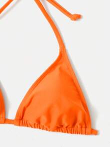 SHEIN Swim 纯色挂脖细肩带三角比基尼泳衣，时尚夏季 - 亮橙色 - 查看 5