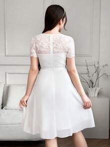 SHEIN Vestido de fiesta de línea A con cuello redondo, parches y ribete de encaje para adolescentes - Blanco - Ver 2