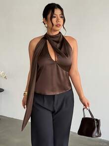Firerie 大码女式优雅浪漫度假休闲不对称镂空无袖修身背心，适合毕业典礼、秋冬季、生日派对、婚礼宾客、聚会等场合。 - 棕色 - 查看 1
