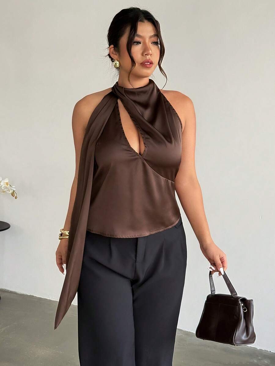 Firerie 大码女式优雅浪漫度假休闲不对称镂空无袖修身背心，适合毕业典礼、秋冬季、生日派对、婚礼宾客、聚会等场合。 - 棕色 - 查看 1