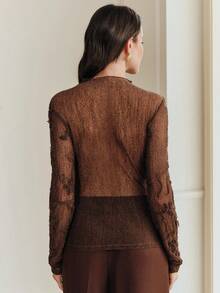 Anewsta 优雅、时尚、性感派对/约会/假日/新年外出弹力修身3D刺绣花卉网纱透视长袖女式上衣/T恤，春夏款 - 摩卡棕 - 查看 7