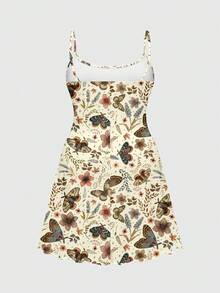 ROMWE Fairycore Hippie Cute Moth Butterfly Flower Plant Autumn Maple Leaf Moon Star Full Print Mini Plus Size Dress - Beige - View 2