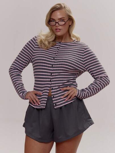 MUSERA Stripe Button Through Long Sleeve Top Cute Cosy Spring Everyday Sugar Swizzle