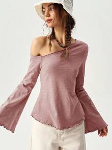 Bohemela Women Solid Color Long Sleeve Asymmetrical Neck T-Shirt, Vacation Style Long Sleeve Tops Women Tops One Shoulder Tops Bell Sleeve Tops Basic Tops - Pink - View 6