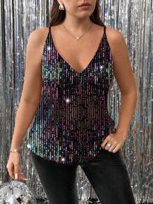 SHEIN Clasi 大码女式纯色亮片装饰宽松吊带背心，适合节日派对穿着 - 黑色 - 查看 4