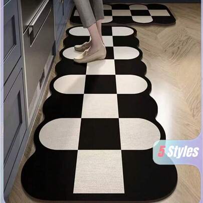 SHEIN 1 件硅胶浴室/厨房垫，黑白拼布图案，轻质，缓冲，抗疲劳，吸水，防滑，适用于厨房、浴室、玄关、洗衣房，奢华简约风格