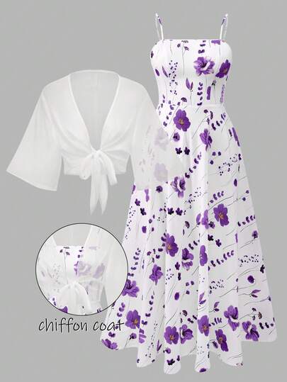 Franclia Plus Size Women's Ditsy Floral Chiffon Dress With Elegant Cardigan Set, Summer Flower Dress Purple And White Dress Purple Floral Dress White Floral Dress Orchid Dress Floral Formal Wear
