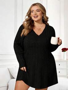 Enliva Plus Size Women Long Sleeve Sweater Dress, A-Line Hem Cable Knit Dress, For Apple & Rounded Body Shape - Black - View 4