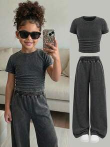 2pcs Young Girl Casual Round Neck Washed Fabric Tight Fit Top T-Shirt And Straight Leg Pants Set - Black - View 1