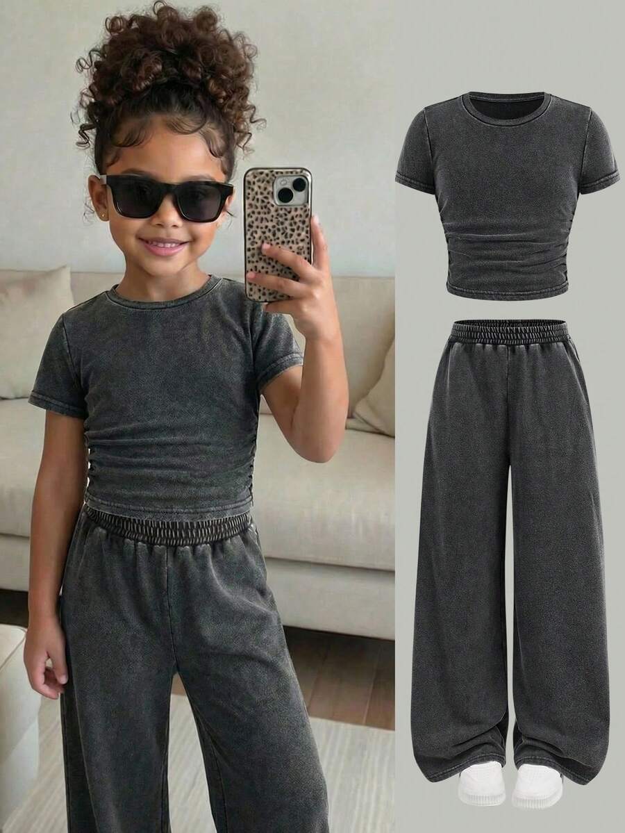 2pcs Young Girl Casual Round Neck Washed Fabric Tight Fit Top T-Shirt And Straight Leg Pants Set - Black - View 1