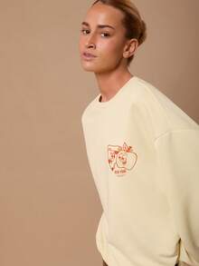 SURIMA 休闲简约印花图案连帽长袖宽松女式卫衣 - 米色 - 查看 4