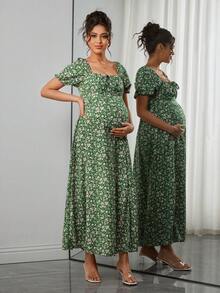 SHEIN Maternity Fashion Print Shirred Dress - Green - View 3
