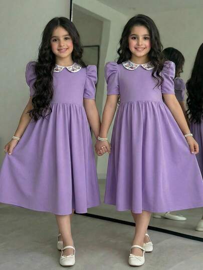 SHEIN Tween Girl Elegant Contrast Color Peter Pan Collar Embroidered Gigot Sleeve Dress
