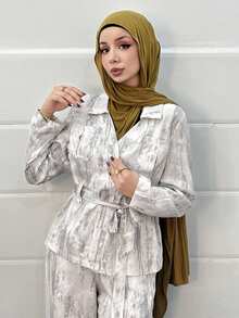 DAZY 2pcs Women Casual Collared Cinched Waist Printed Top And Pants Set - Grey - View 6