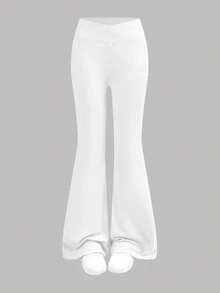 Girlism 2件套少女基础款中筒喇叭裤，黑白腰带交叉设计修身休闲喇叭裤套装 - 白色 - 查看 10