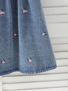 Elladie kids 年轻女孩时尚休闲优雅牛仔连衣裙，短袖柔美花卉图案设计连衣裙 - 藍色 - 查看 4