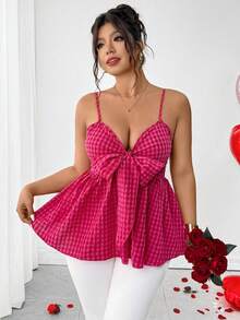 Breezaya 大码女式玫红色格子褶皱系带吊带背心，后背收褶设计，优雅夏季上衣，适合返校、毕业典礼、情人节、音乐节、母亲节、万圣节、感恩节、复活节、国庆节、舞会、约会、婚礼、户外活动等场合。 - 玫紅色 - 查看 6