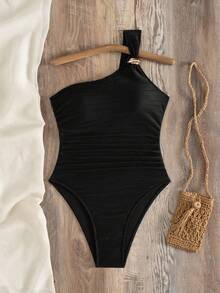 Swim Chiccia 1件装女士纯色波浪纹连体泳衣，带金色装饰 - 黑色 - 查看 3