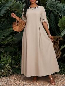 SHEIN Lady 女士度假圆领短袖打结设计优雅中长连衣裙 - 彩色 - 查看 3